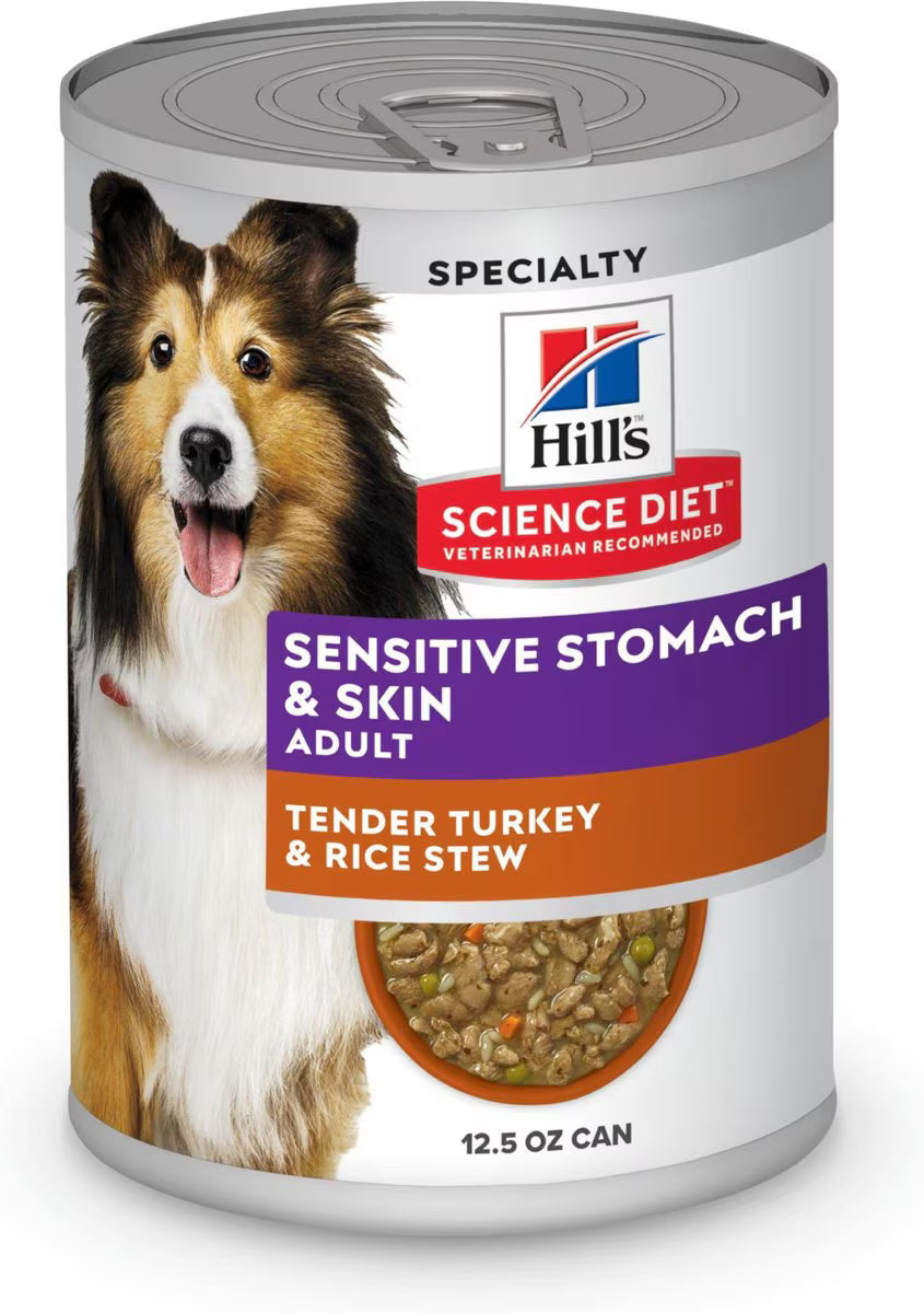 Hill's Science Diet Adult Sensitive Stomach & Sensitive Skin Tender Turkey & Rice Stew Wet Dog Food, 12.5-oz can, case of 4