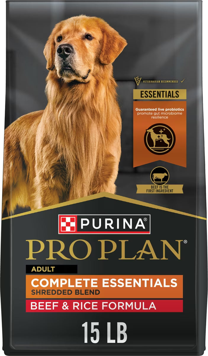 Purina Pro Plan Complete Essentials Adult Shredded Blend Beef & Rice High Protein Formula with Probiotics Dry Dog Food, 15-lb bag