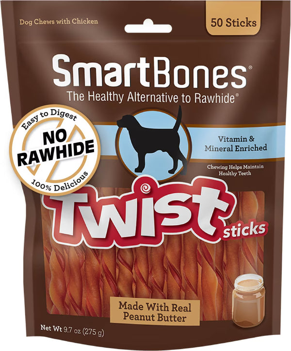 SmartBones Twist Sticks Real Peanut Butter Hard Dog Chew Treats, 50 count